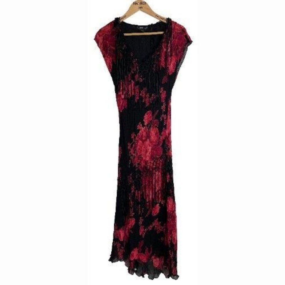 Dress Womens Long Black Red Floral Small Fringe